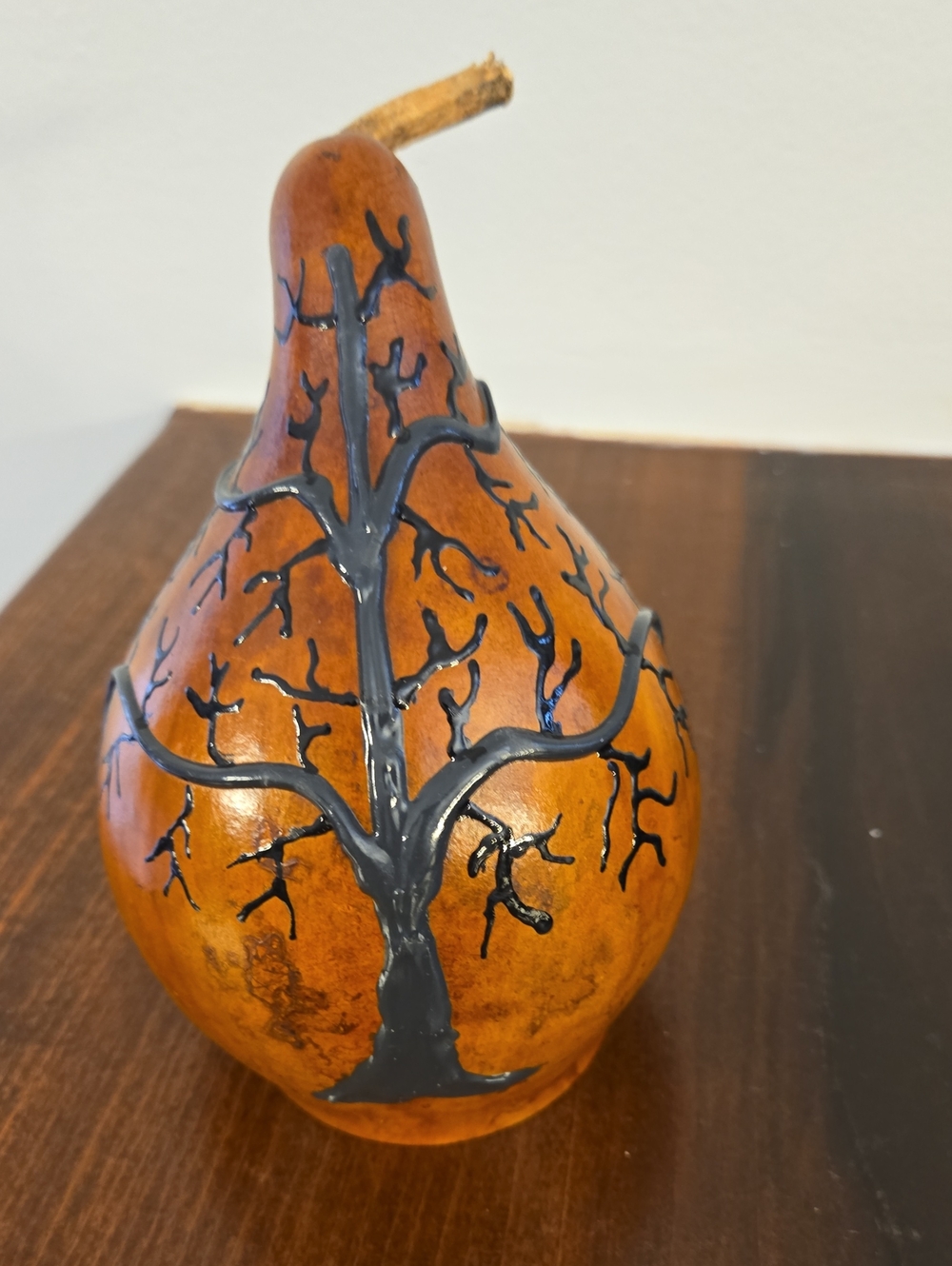 Handmade Brown Decorative Gourd Sculpture with Black Tree Design. 7 Inches High.